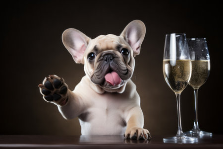 bulldog sitting with glass of champagne or wine. Celebrating, festive concept.の素材