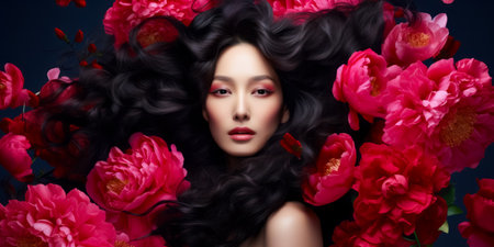 beautiful brunette with gorgeous voluminous long dense hair surrounded by pink peonies. hair dye, hairstyle, haircareの素材