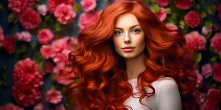 Beautiful young red haired woman with gorgeous voluminous long dense hair on flowers background. hair dye, hairstyleの素材
