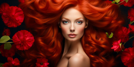 Beautiful young red haired woman with gorgeous voluminous long dense hair on flowers background. hair dye, hairstyleの素材