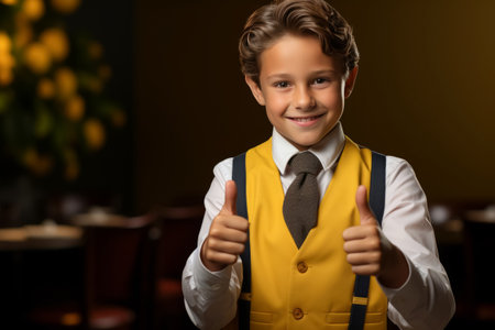 smiling schoolboy wearing school uniform show thumb up finger in school. Kid Back to school. Space for textの素材