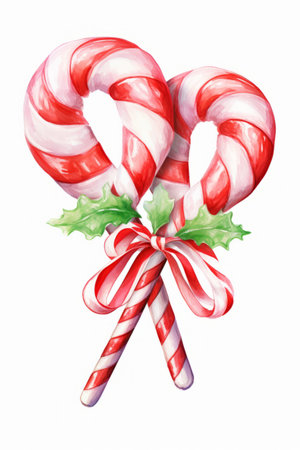 Illustration of Christmas red striped caramel sticks tied holly berries isolated on white background. Christmas caramel caneの素材