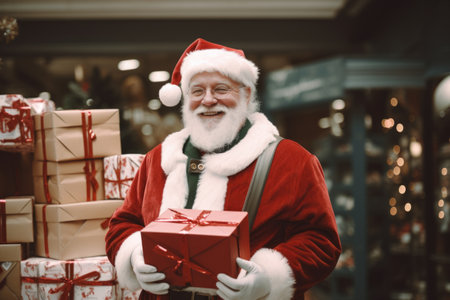 Santa Clause carrying giftbox in shop. Christmas sales. Black Friday. Christmas shopping.の素材