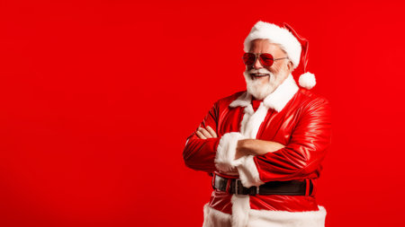 Aged happy Santa in sunglasses with cross hands on red background, copy space, space for text.の素材