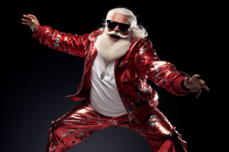 Aged mature playful emotion grandfather Santa with comic grimace fooling around isolated on dark background. Ho-ho-ho! Party time concept.の素材