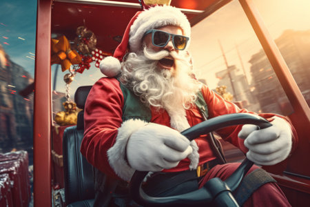 Santa Claus Grips the steering wheel as he drives fast in his car. delivery concept, sale concept.の素材