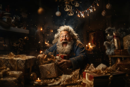 Cheerful emotional Santa Claus with a gifts in hands in his workshop. Christmas fairytale. greeting cardの素材