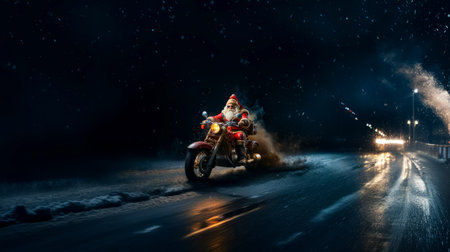 Santa Claus Grips the steering wheel as he drives fast in his motorcycle full of presents on winter city road delivery concept, saleの素材