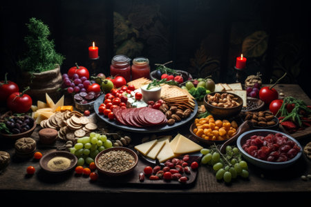 Christmas snacks assortment of cheese and meat appetizers Christmas table decor snack arrangements.の素材