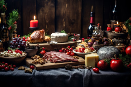 Christmas snacks assortment of cheese and meat appetizers Christmas table decor snack arrangements.の素材
