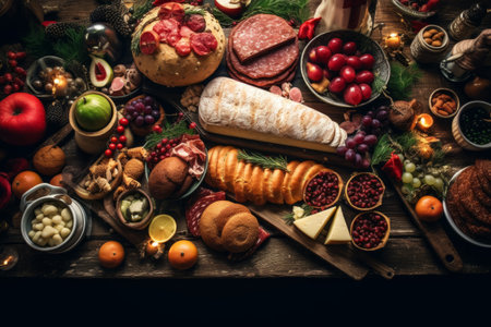 Christmas snacks assortment of cheese and meat appetizers Christmas table decor snack arrangements.の素材