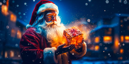 Santa Claus or Saint Nicholas holding magic gift box. Christmas time. Fairytale.の素材