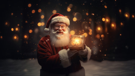 Santa Claus or Saint Nicholas holding magic gift box. Christmas time. Fairytale.の素材