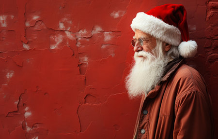 Santa Claus is standing near the red blank wall. Advertisement, discounts, presents gifts selling December, winter tradition wish, eve, celebration of Christmas time concept.の素材