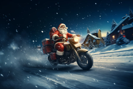 illustration of Santa Claus Grips the steering wheel as he drives fast in his motorcycle full of presents on winter road, delivery concept, saleの素材