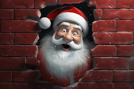 illustration of peeking out Santa Claus from hole of the brick wall. fairytale character Merry Christmas.の素材