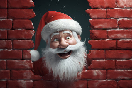 illustration of peeking out Santa Claus from hole of the brick wall. fairytale character Merry Christmas.の素材
