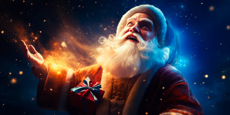 illustration of Santa Claus or Saint Nicholas holding magic gift box on magic sky background. Christmas time. Fairytale.の素材