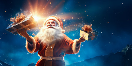 illustration of Santa Claus or Saint Nicholas with magic gift boxes on magic sky background. Christmas time. Fairytale.の素材