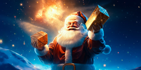 illustration of Santa Claus or Saint Nicholas with magic gift boxes on magic sky background. Christmas time. Fairytale.の素材