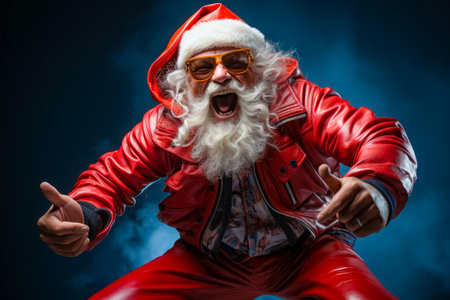 aged stylish Santa with playful emotion with comic grimace on dark background. Santa rocker Ho-ho-ho! Party time concept.の素材