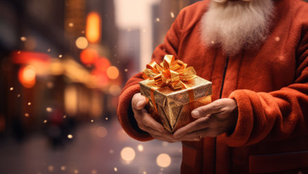 Portrait of good old Santa Claus holding gift blurred city background. Christmas and New Year concept.の素材