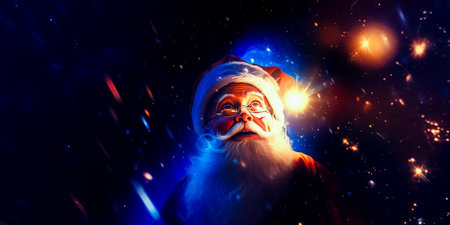 Illustration of Santa Claus or Saint Nicholas makes a magic on sparks sky background. Christmas fairytale.の素材