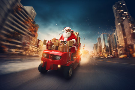 illustration of Santa Claus drives fast in his car full of presents. delivery concept, sale concept.の素材