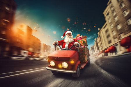 illustration of Santa Claus drives fast in his car full of presents. delivery concept, sale concept.の素材