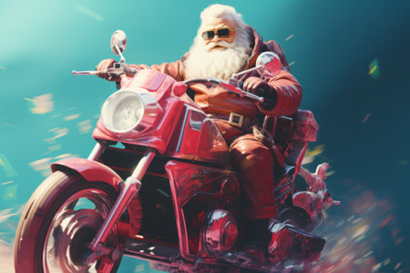 illustration of full length of crazy fast Santa Clause who ride vintage red motorbike deliver gifts Christmas eveの素材