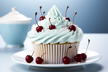 delicious cupcake with blue cream and red cherry. Christmas cupcakes.の素材