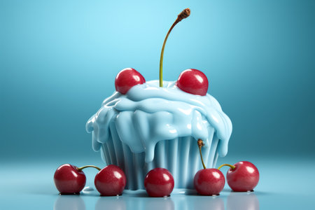 delicious cupcake with blue cream and red cherry. Christmas cupcakes.の素材