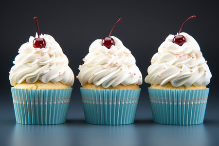 three delicious cupcakes with cream and cherry. Christmas cupcakes.の素材