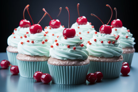 delicious cupcakes with blue cream and red cherry. Christmas cupcakes.の素材