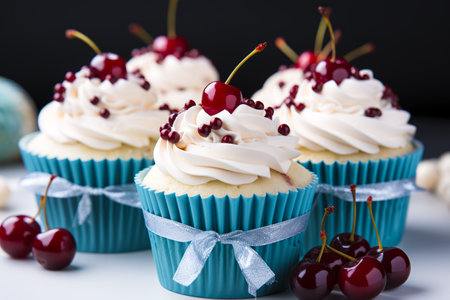delicious cupcakes with cream and red cherry. Christmas cupcakes.の素材