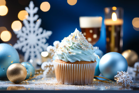 delicious cupcake with blue cream and new year decorated. Christmas cupcake surrounded by Christmas baublesの素材