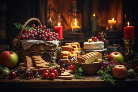 Christmas snacks assortment of cheese, fruits, nuts appetizers Christmas table decor snack arrangementsの素材