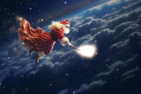 Santa Claus or Saint Nicholas makes a magic with magic wand in clouds. Christmas fairytale.の素材