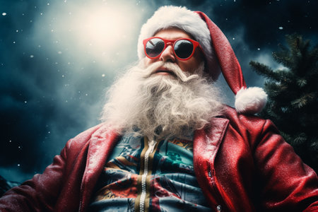Portrait of stylish dressed Santa Claus in sunglasses outdoor.の素材