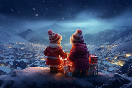 Christmas card. back view of Little kids with gift box on the top of snowy hills looking on the town.の素材