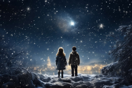 Christmas card. back view of two children on the top of snowy hills looking on the town.の素材