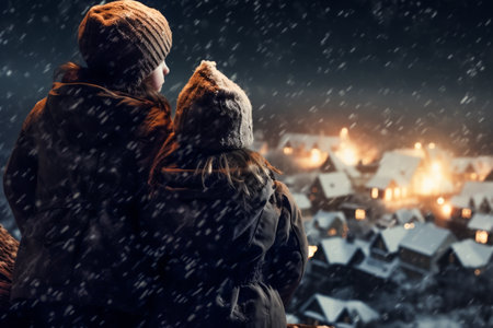 Christmas card. back view of two children looking from the top on the snowy town.の素材