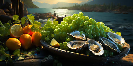 Platter of fresh oysters on a bed of ice on a tray. Oysters with lemon and sauce. Food in a restaurant.の素材