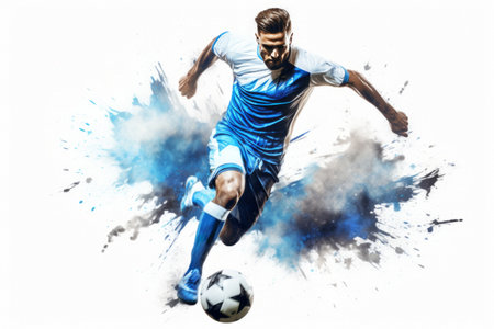 Soccer player in action on a white background with watercolor splashes, banner, space for text.の素材