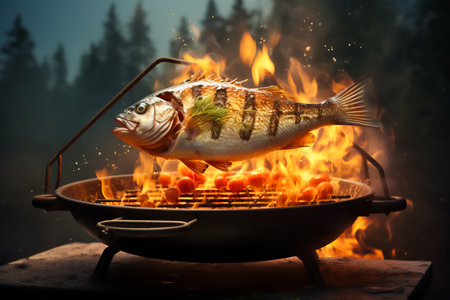 illustration of whole fish of carp in levitation, frying over flame grill isolated on black backgroundの素材