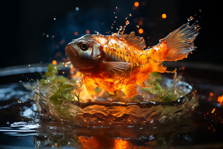 illustration of whole fish of carp on frying pan in levitation, frying over flame grill on black backgroundの素材