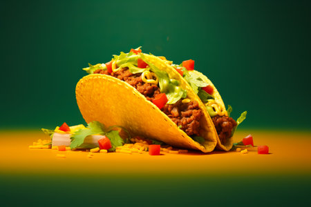 Mexican street food. varied traditional Mexican corn tacos composition on colorful backgroundの素材