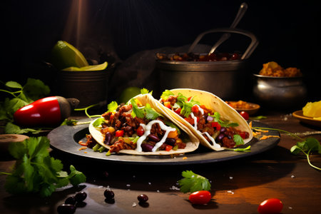 Mexican food - delicious taco shells with ground beef on served table.の素材