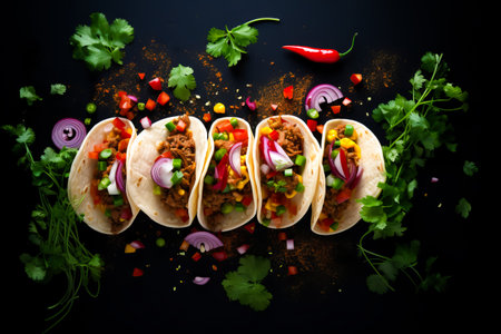 Mexican street food. top view of varied traditional Mexican corn tacos composition on black backgroundの素材