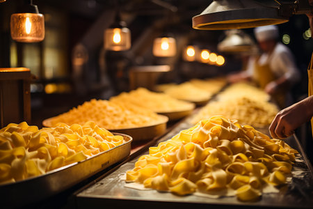 Pasta producing process, various types of pasta on conveyor belt.の素材